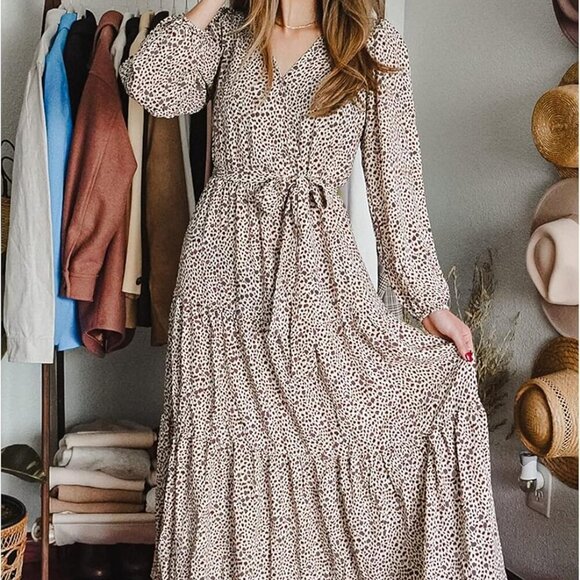 Womens Spring Long Sleeve Wrap V Neck Ruffle Floral Maxi Dress Casual Tie Waist - Picture 5 of 5